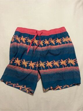 Men's Teal Palm-Print Swim Trunks with Coral Waistband